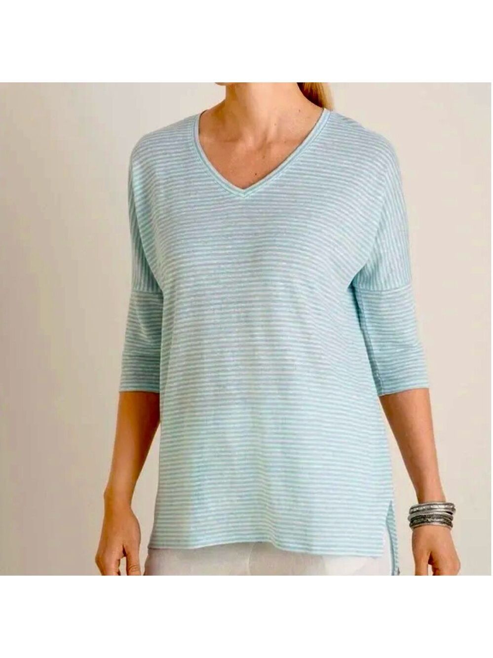 New Chico’s Blue White Stripe Dolman Sleeve Linen Top size large